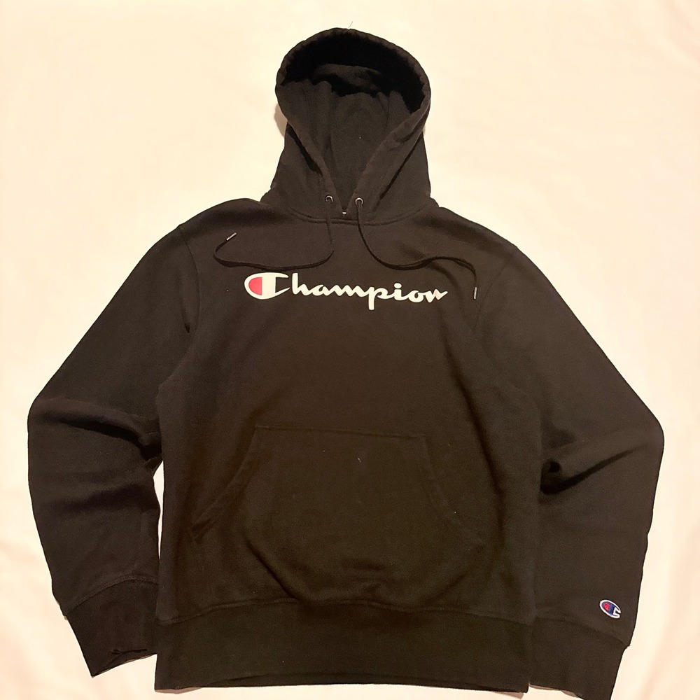 Champion Hoodie Mens Small Black Script Logo Pullover Fleece Sweatshirt